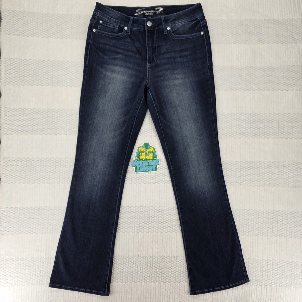 Seven7 Flare Jeans Womens 12 Blue High Rise Cotton Blend Denim 34x32.5 EUC